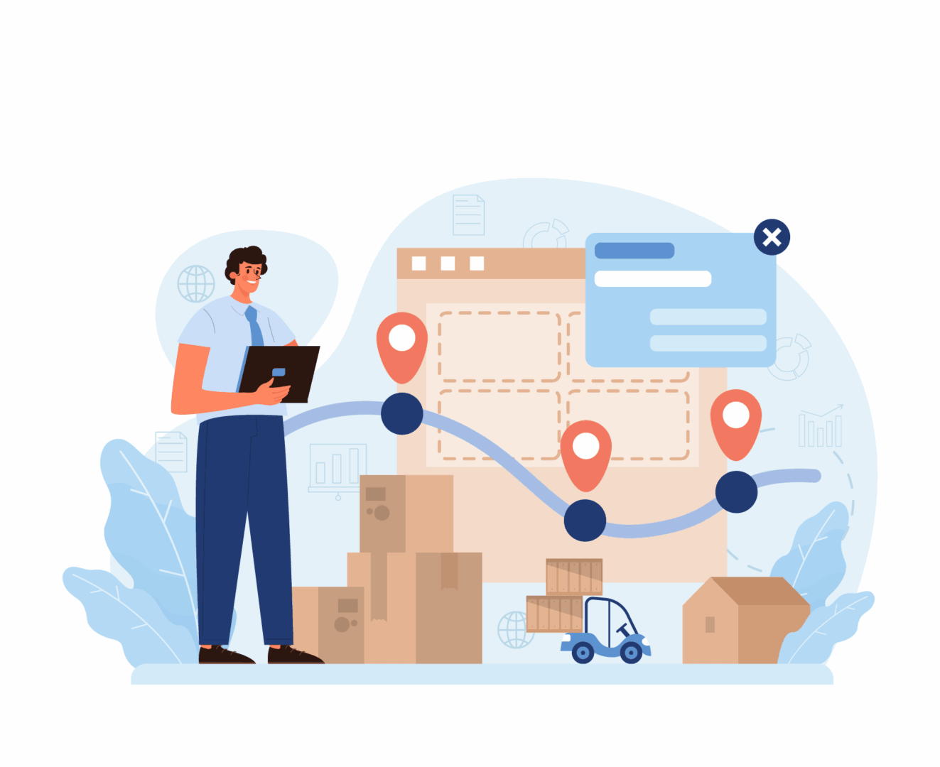 Illustration eines Logistikmitarbeiters mit Lieferkisten und Checkliste